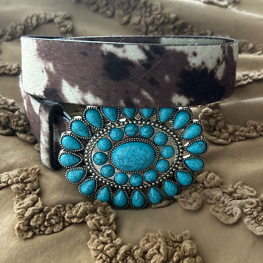 Turquoise Western Belt with Cowhide Pattern